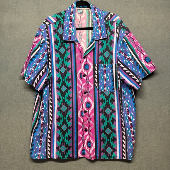 Other - Vtg Handmade Button Up Shirt 90s Aztec Southwestern Pattern Multi-Color Retro